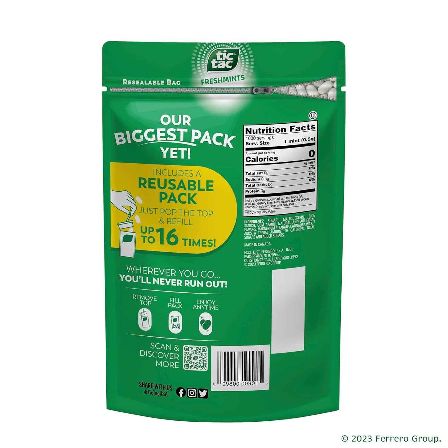 Tic Tac Bulk Freshmints Refill Bag, On-the-Go Pocket-Sized Breath Mints, Includes Empty Refillable Pack, 17.2 oz