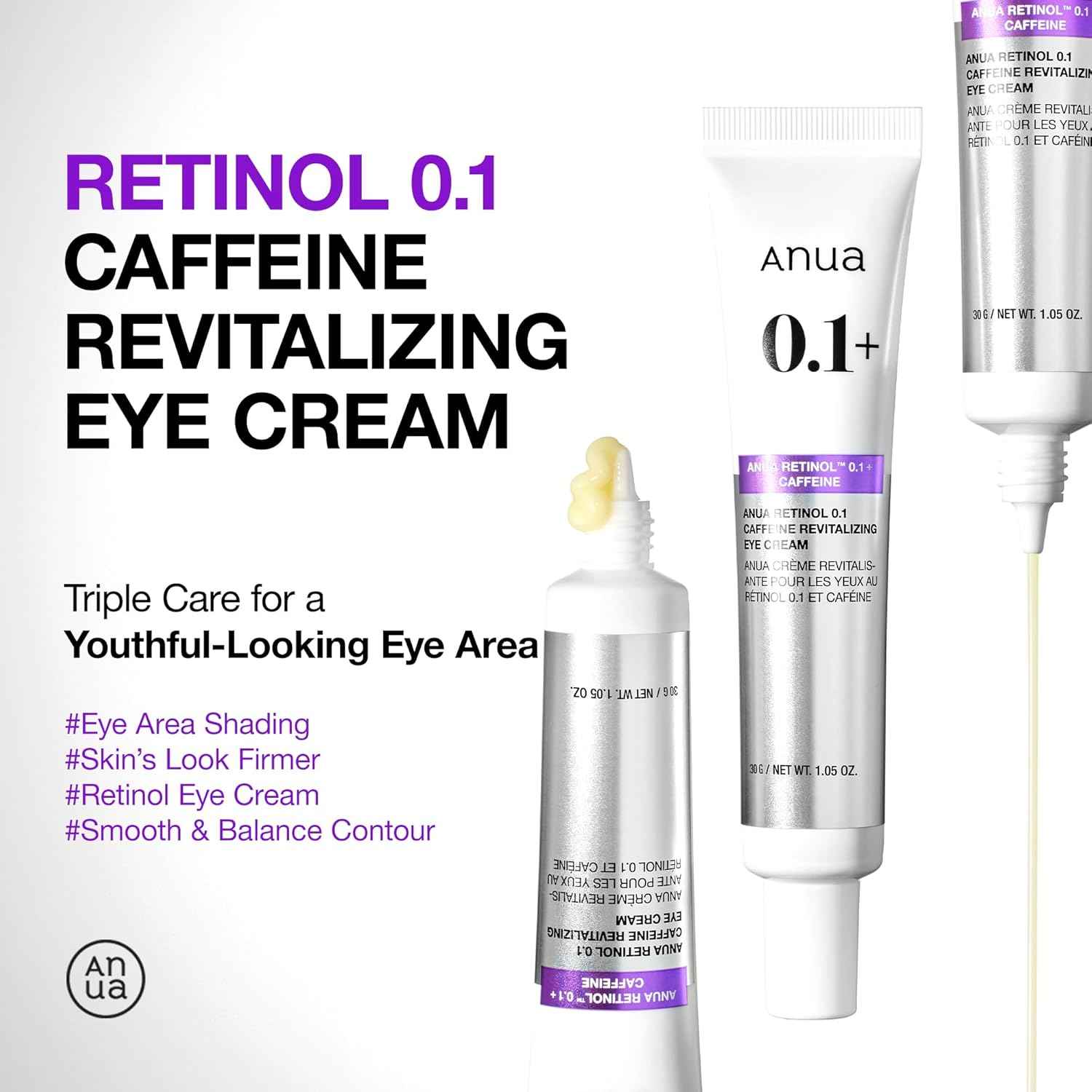 Anua Retinol 0.1 Caffeine Revitalizing Eye Cream, Lightweight Formula for Dark Circles & Puffiness, Hydrating for Sensitive Skin, Korean Skincare,1.05 fl oz