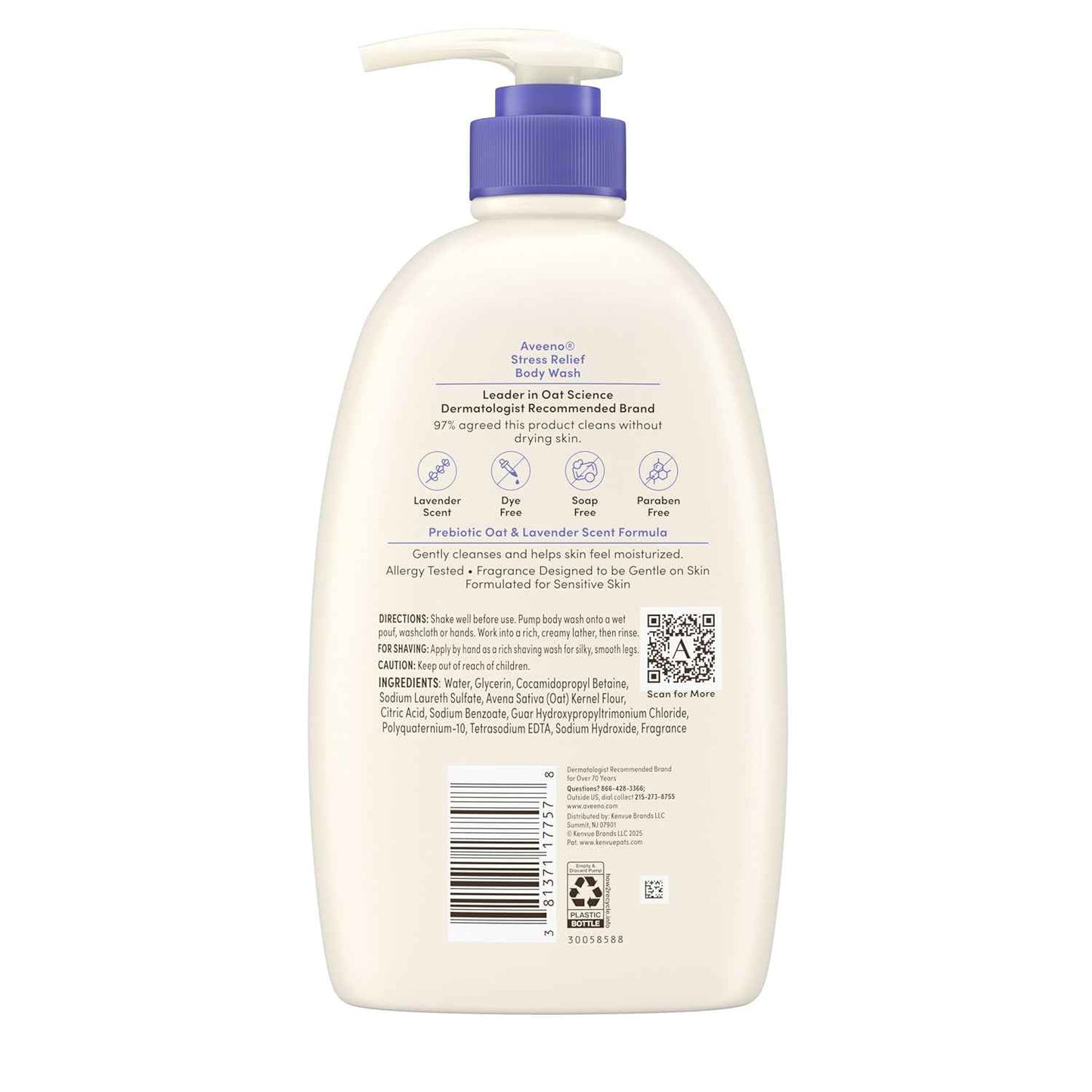 Aveeno Stress Relief Body Wash for Women, Calming Lavender Scent & Prebiotic Oat, Cleanser for Sensitive Dry Skin, Paraben, Dye & Soap-Free