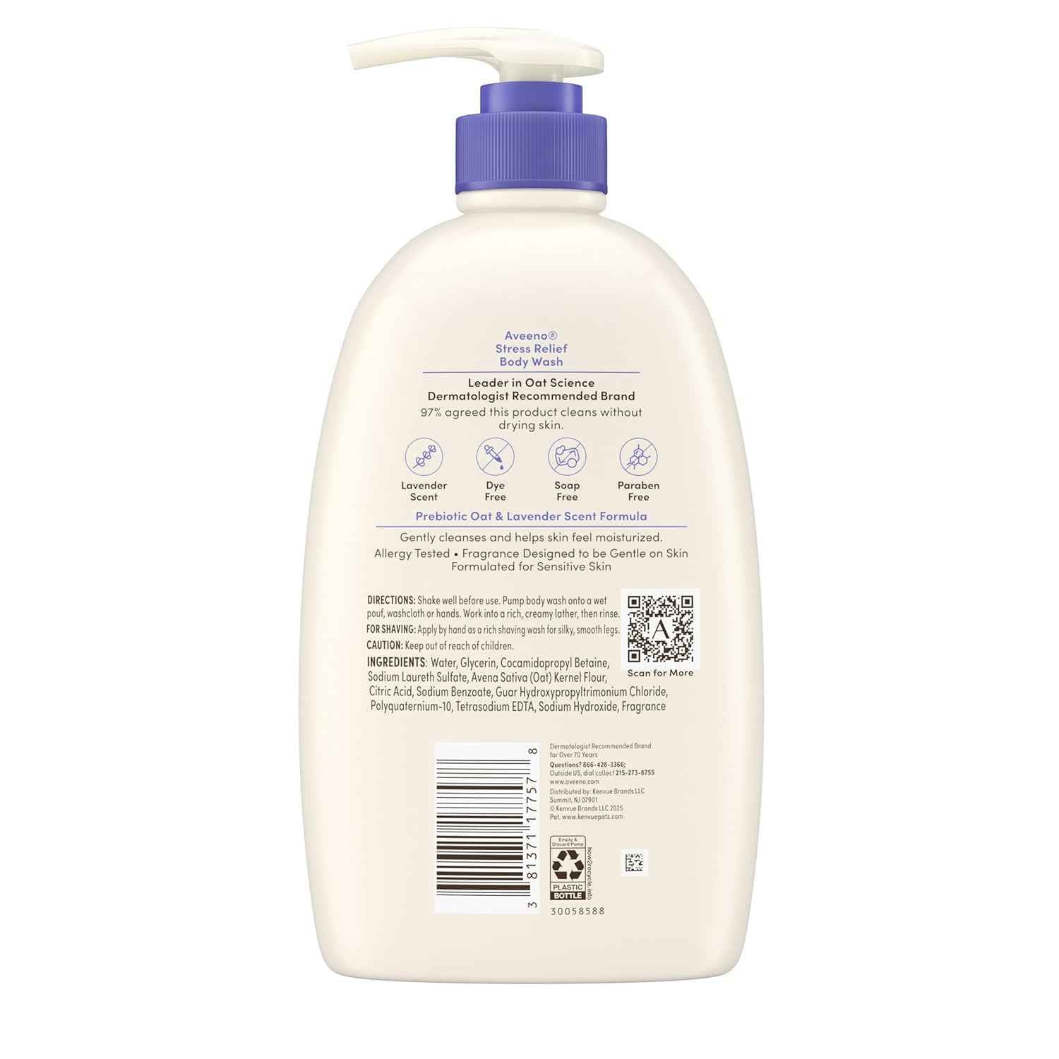 Aveeno Stress Relief Body Wash for Women, Calming Lavender Scent & Prebiotic Oat, Cleanser for Sensitive Dry Skin, Paraben, Dye & Soap-Free