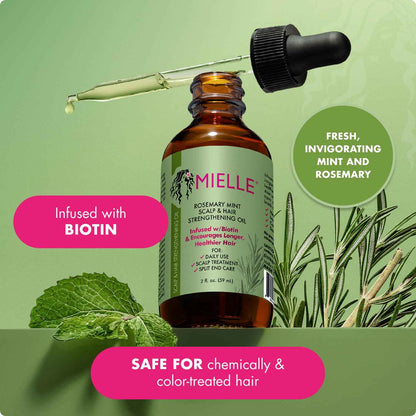 Mielle Organics Rosemary & Mint Hair Oil - Strengthening Biotin Oil Infused Frizzy & Damaged Hair Care - Split Ends & Dry Scalp Treatment to Support Longer, Healthier Strands, 2 Ounce