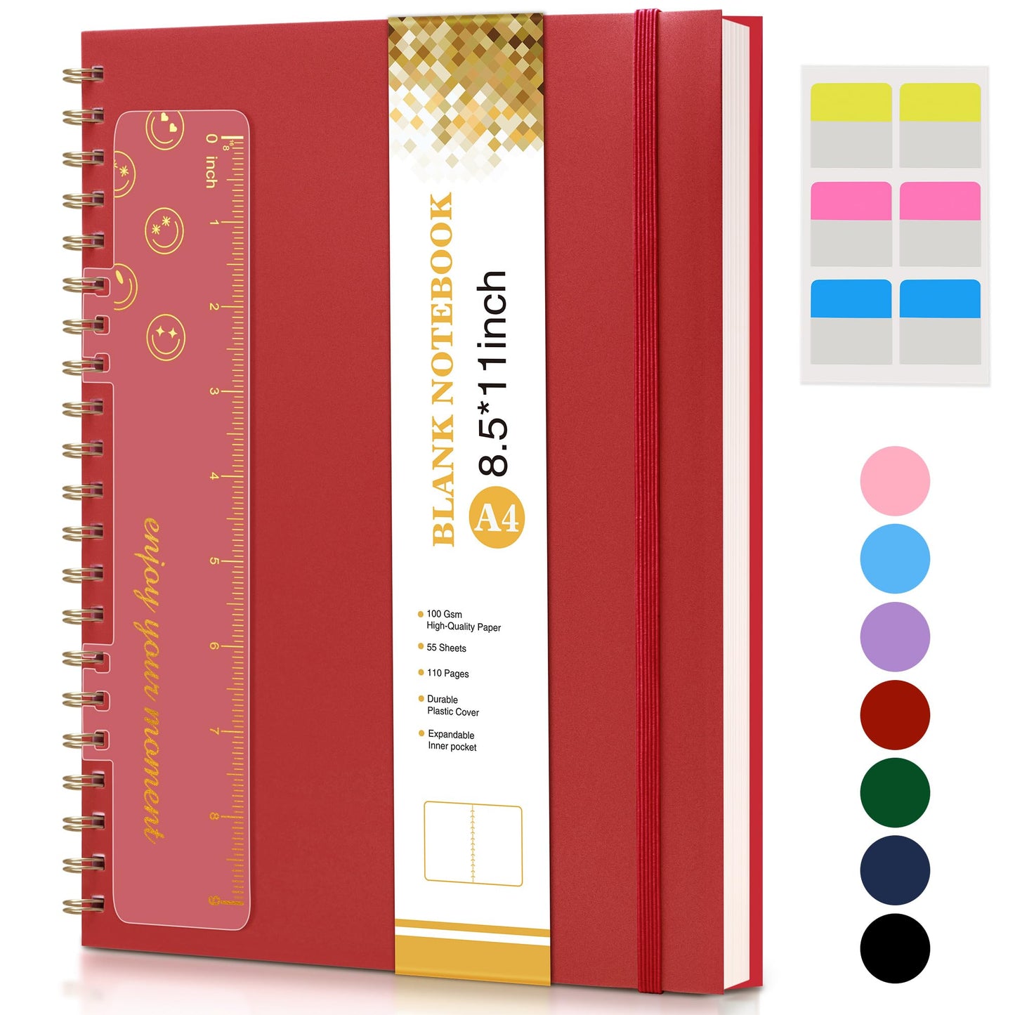 Blank Spiral Notebook Journal 8.5” x 11”, A4 Large Sketch Book for Women Men, 100 GSM Blank Paper Drawing Notebook, Plastic Hardcover Spiral Bound Sketchbook for Sketching Work School Writing, Red