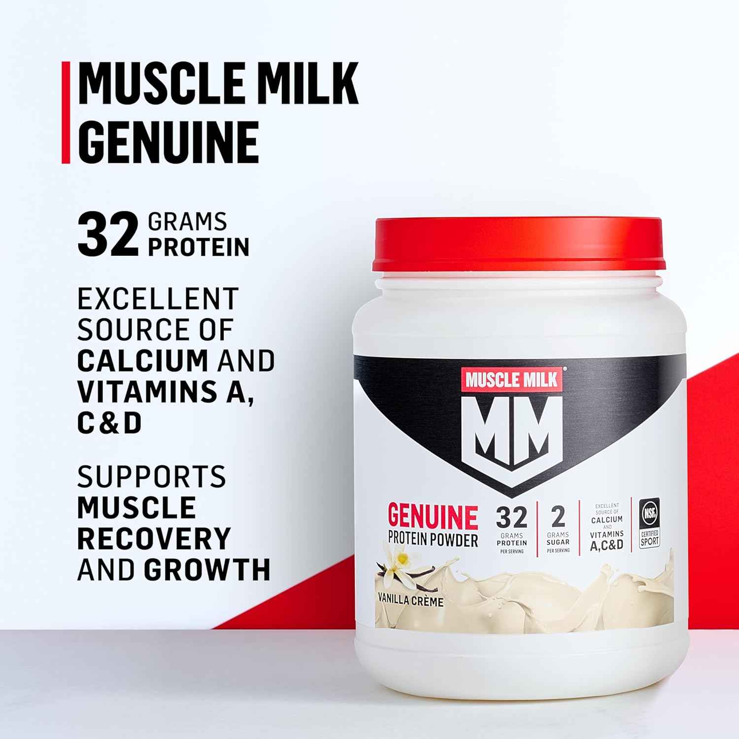 Muscle Milk Genuine Protein Powder, 32g Protein, 2g Sugar, Calcium, Vitamins A, C & D, NSF Certified for Sport, Energizing Snack, Packaging May Vary