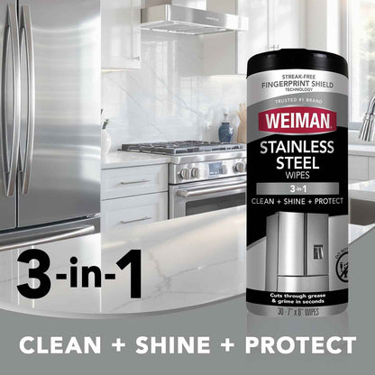 Weiman Stainless Steel Cleaner & Polish Kit, 3 Piece - Spray, Wipes & Cloth, Anti-Fingerprint, Removes Grease, Water Spots, Streaks & Residue, Polishing Cleaner Safe for Appliances, Sinks & Grills