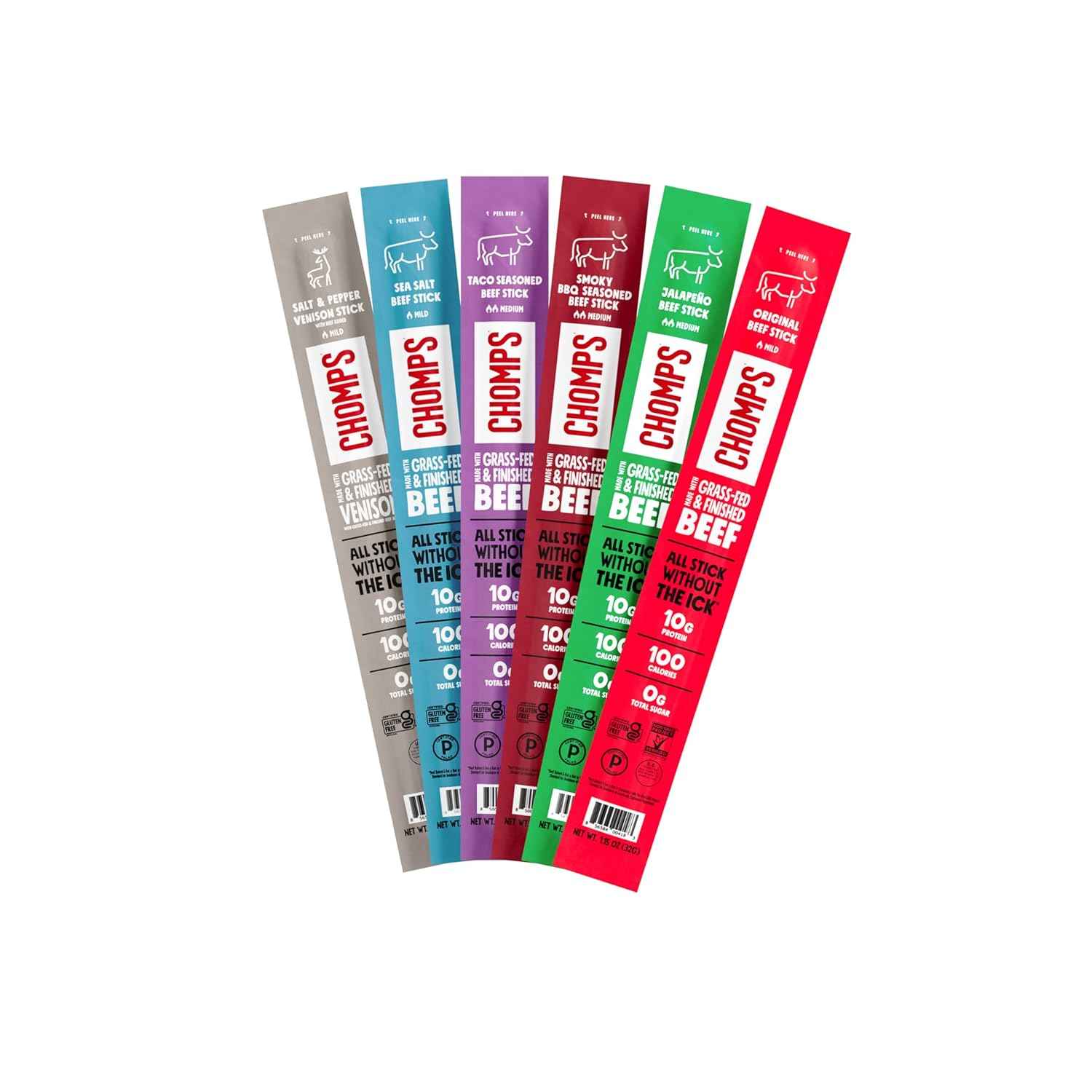 Chomps Trial Pack - Grass-Fed & Finished, Keto, Paleo, Low Carb, Whole30 Approved, Gluten Free, Zero Sugar Food