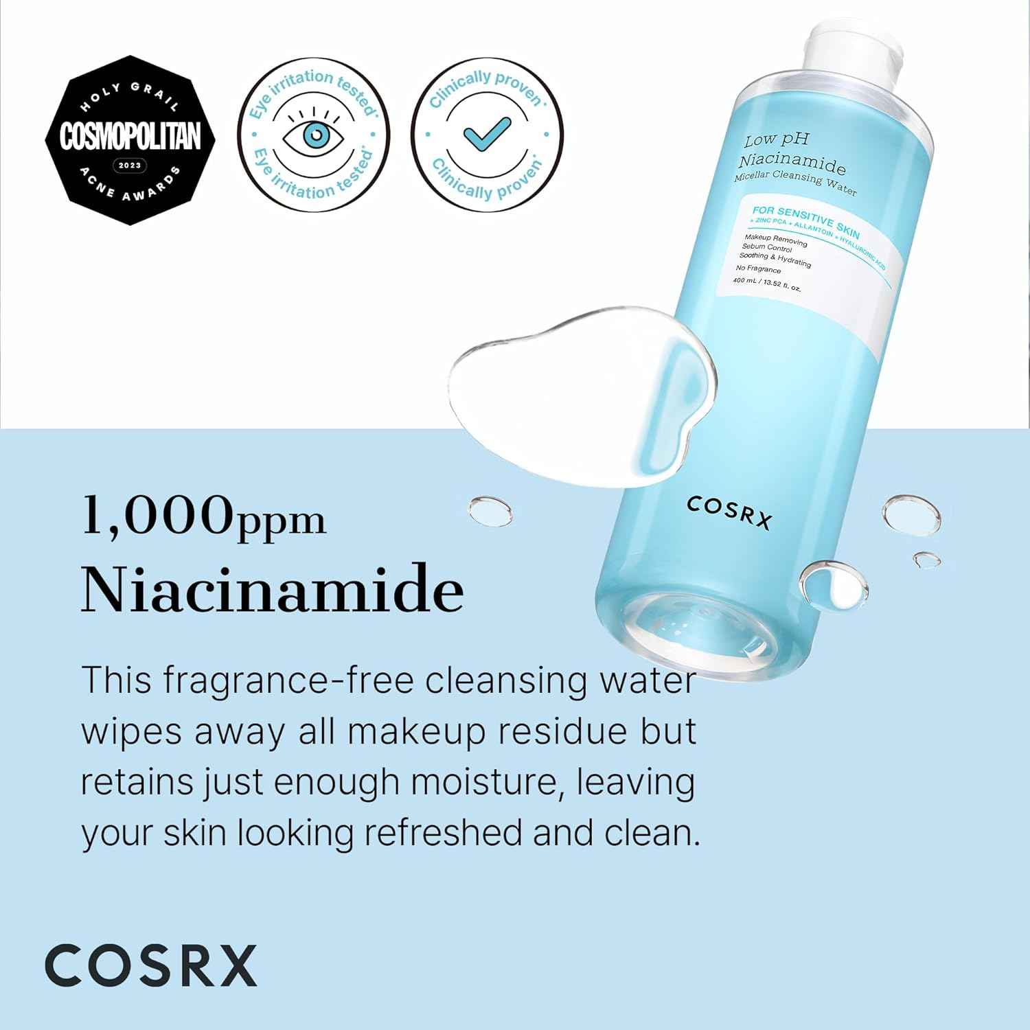 COSRX Low pH Niacinamide Micellar Cleansing Water Daily Mild Facial Cleansing Wash for Sensitive Skin, Sebum control, Korean Skin Care