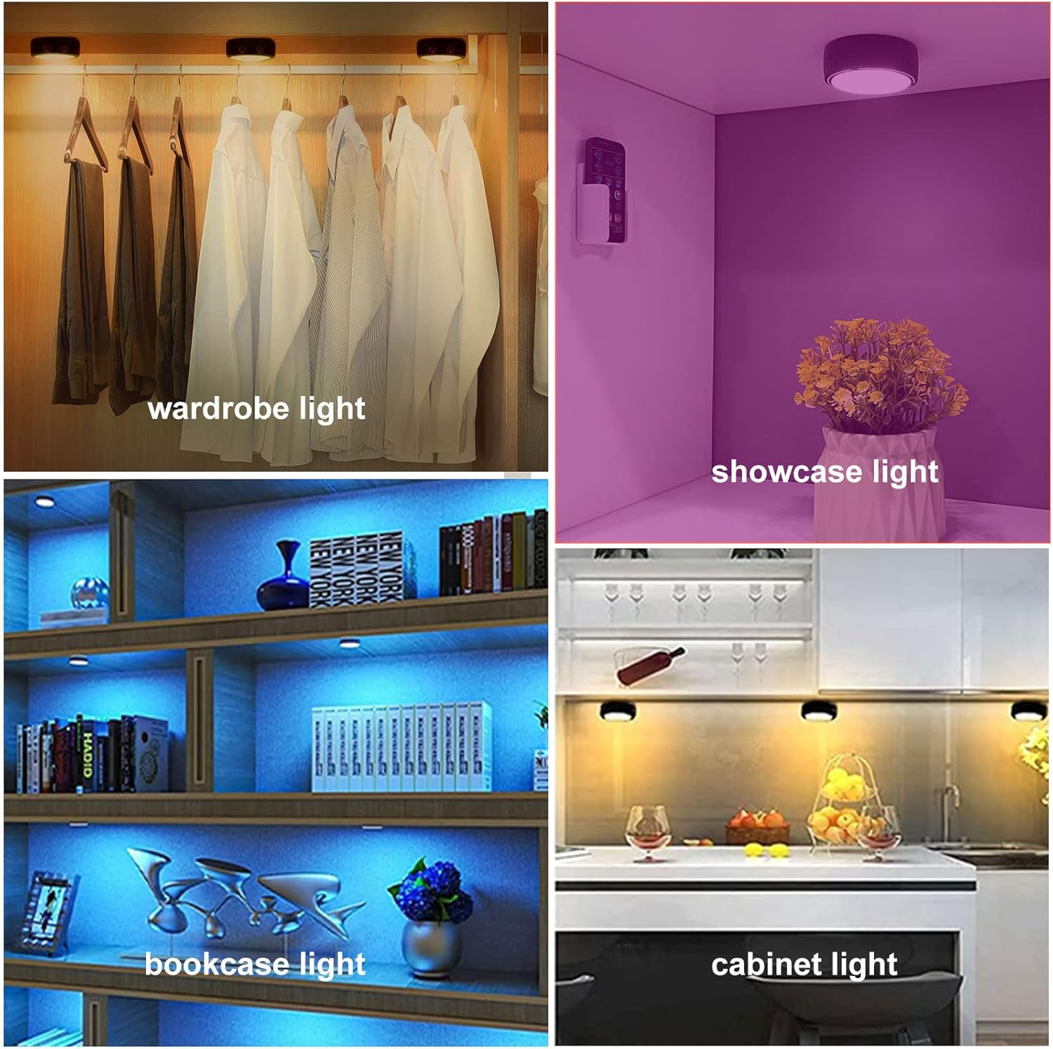 Battery_Operated_Puck_Lights_with_Remote_LED_Under_Cabinet_Lighting_Wireless_Stick_on_Lights_Color_Changing_Timer_Tap_Lights_for_Cabinets_Shelves_Closets_Display_Case_-_2/6_Pack-_Black/White