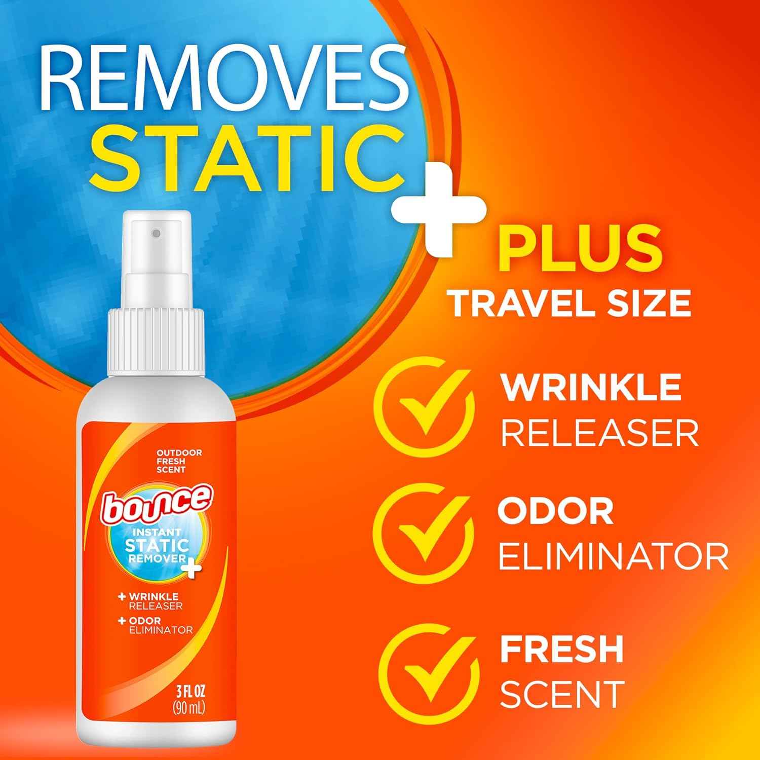 Bounce Anti Static Spray, 3 in 1 Anti Static & Instant Wrinkle Release, Odor Eliminator & Fabric Refresher, Rapid Touch Travel Spray (3 Oz, Pack of 1)