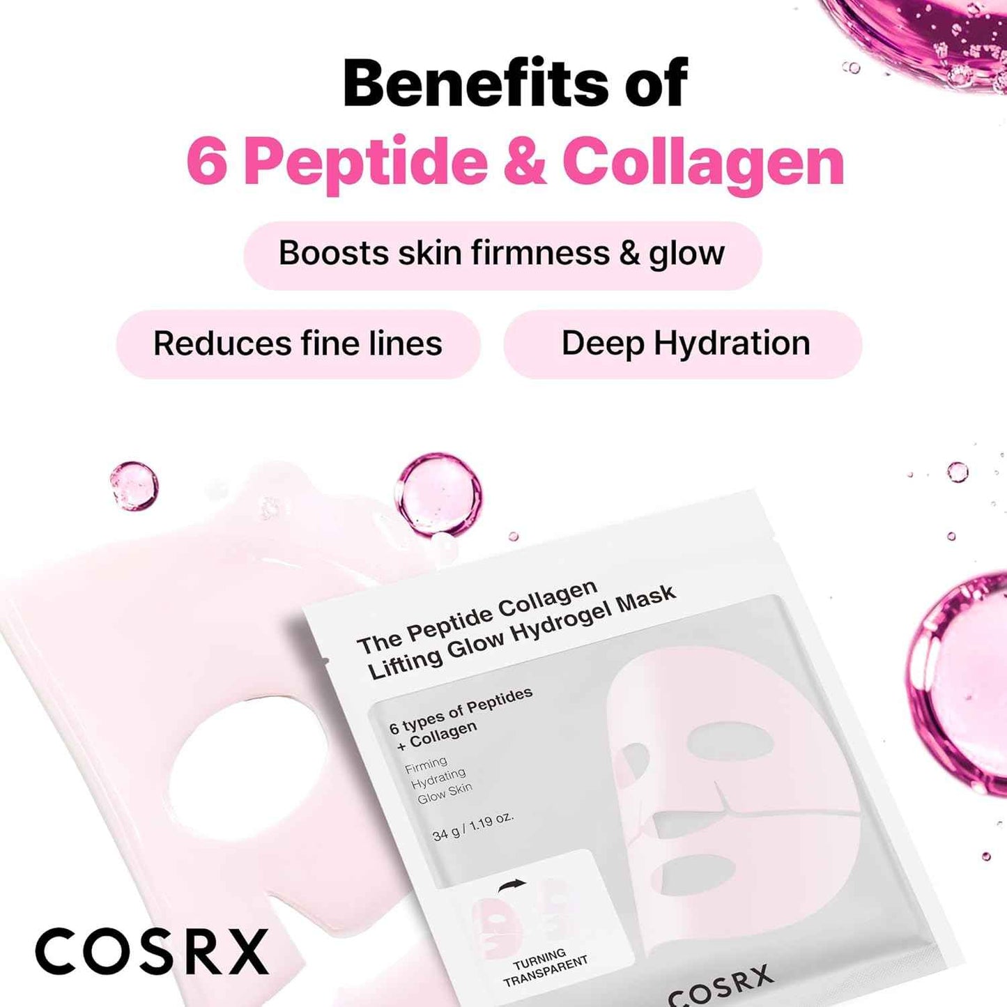 COSRX Pink Collagen Lifting Glow Hydrogel Face Masks Skincare, Collagen Face Mask, Travel Essentials, Overnight Face Mask, Korean SkinCare
