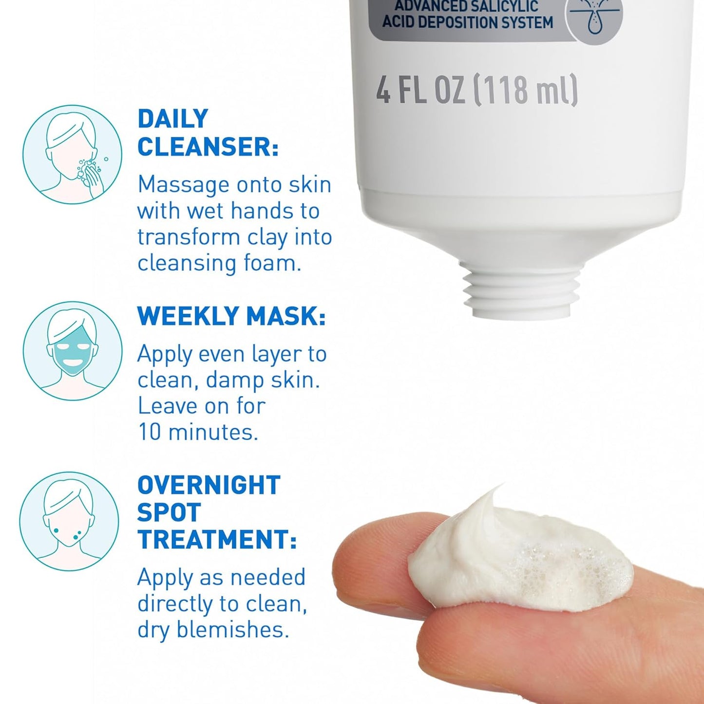 CeraVe_Clay_To_Foam_Acne_Face_Wash,_Multi-Use_Salicylic_Acid_&_Kaolin_Clay_Acne_Spot_Treatment_Clears_Pimples_&_Blackheads,_Prevents_Breakouts,_Hydrates_&_Soothes,_Fragrance-Free,_Non-Comedogenic,_4oz