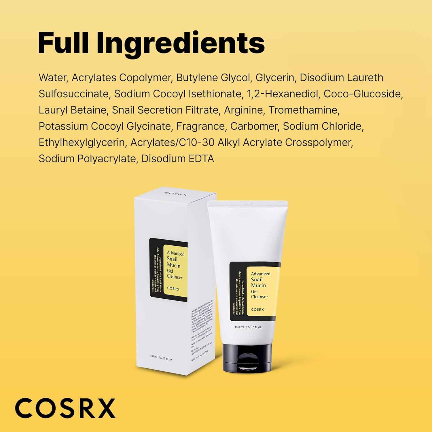 COSRX Advanced Snail Mucin Gel Cleanser, 5.07 Fl Oz / 150 mL, Rich Daily Deep Cleansing Gel for Dry & Sensitive Skin, Korean Skin Care, Not Tested on Animals, No Parabens