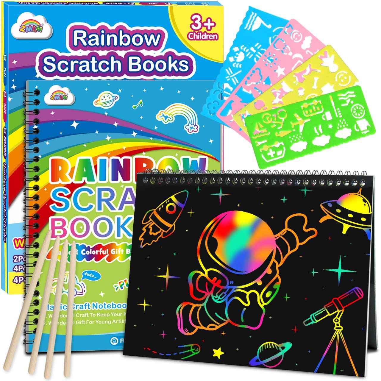 ZMLM Scratch Paper Art-Crafts Gift: 2 Pack Rainbow Notebooks Supplies Toys Easter Basket Stuffers for 3 4 5 6 7 8 9 10 Years Old Girls and Boys Kids Valentine's Day Birthday Party Travel Games