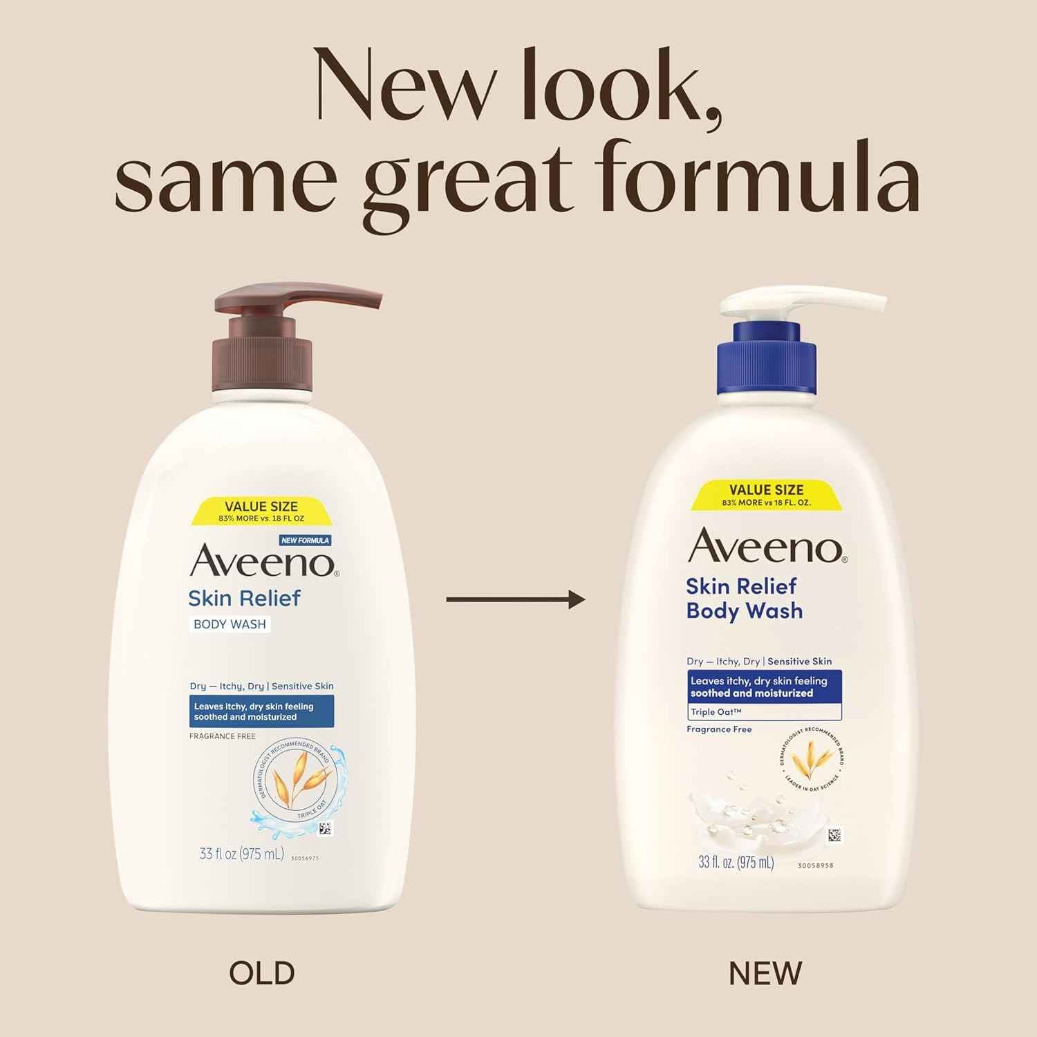 Aveeno Skin Relief Fragrance-Free Body Wash with Triple Oat® Complex, Gentle Daily Cleanser for Sensitive Skin Leaves Itchy, Dry Skin Feeling Soothed & Moisturized, 33 fl. oz