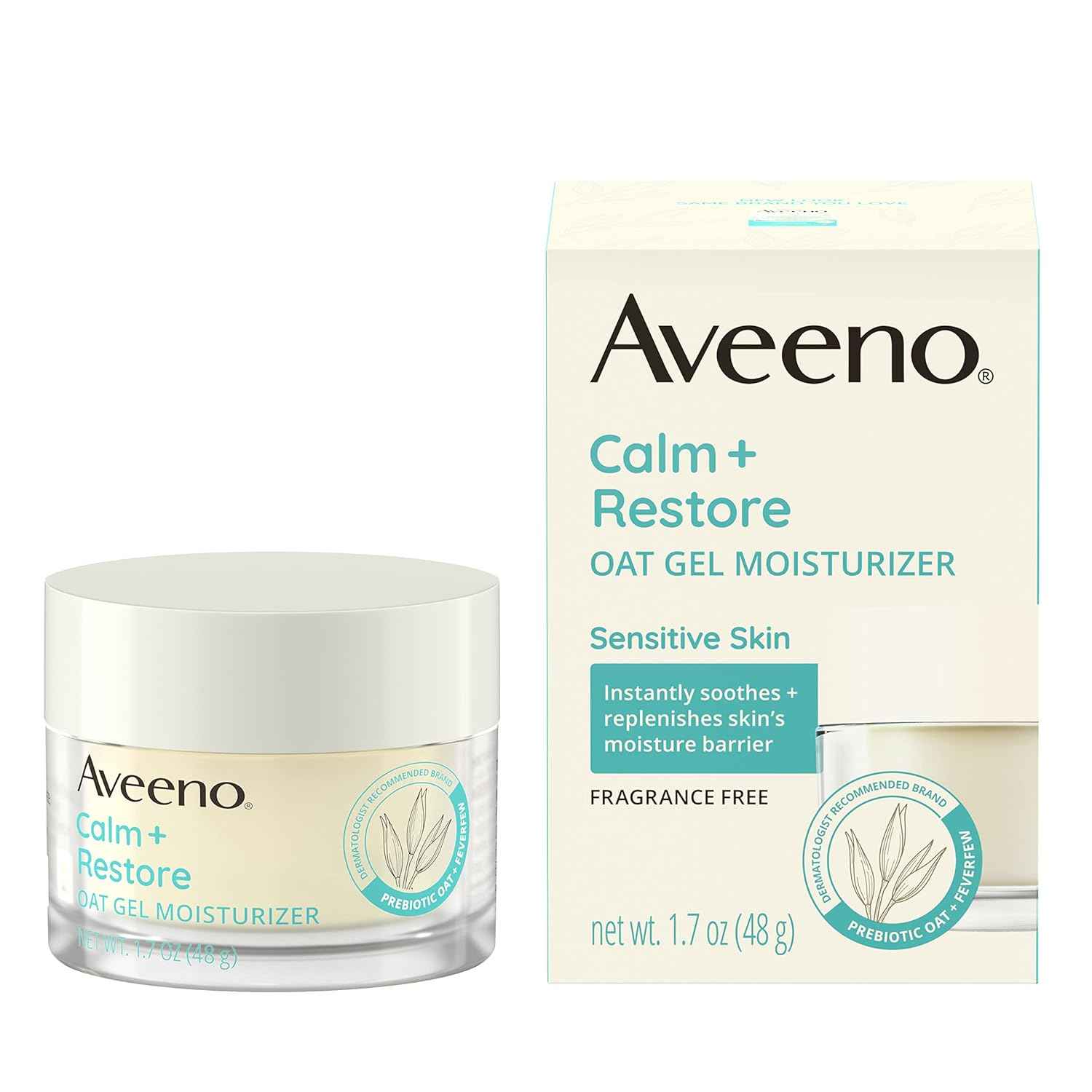 Aveeno Calm + Restore Oat Gel Facial Moisturizer for Sensitive Skin, Fast-Absorbing, Soothing Lightweight Gel Cream with Prebiotic Oat & Feverfew, Fragrance-Free & Hypoallergenic