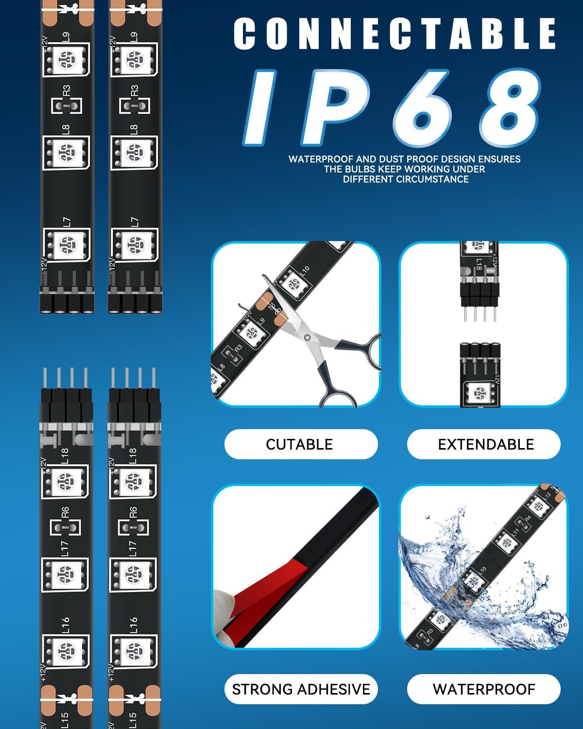 12V_Led_Light_Strip_24"_Connectable_White/Red/Green/Pink/Yellow/Blue/Ice_Blue_Led_Strip_Lights_for_Cars_Golf_Cart_Motorcycle_Boat_Trucks_Waterproof_Interior&_Exterior,_4Pack