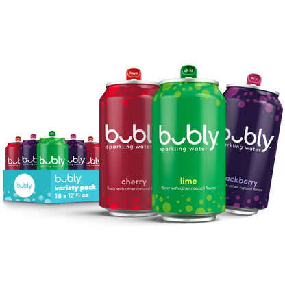bubly Sparkling Water, Lime Yours 3 Flavor Variety Pack (Lime, Cherry, Blackberry), Zero Sugar &amp;amp; Zero Calories, Seltzer Water, 12 Fl Oz Cans (Pack of 18)