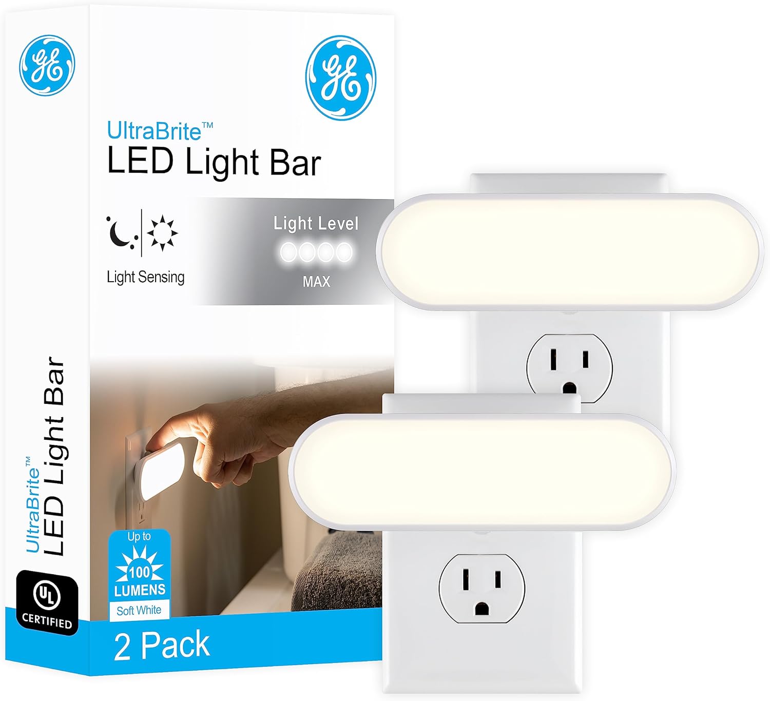 GE_Ultrabrite_LED_Light_Bar_Night_Lights_Plug_Into_Wall_Room_Decor_Ambient_Lighting_Dusk_to_Dawn_Sensor_Bright_Nightlight,_White,_100_Lumens,_2_Pack