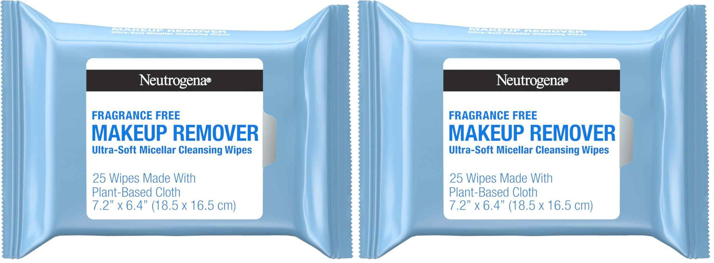 Neutrogena Fragrance-Free Makeup Remover Wipes, Daily Ultra-Soft Micellar Cleansing Wipes Gently Remove Oil & Waterproof Makeup, Hypoallergenic, Made with Plant-Based Cloth, 25 ct