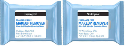 Neutrogena Fragrance-Free Makeup Remover Wipes, Daily Ultra-Soft Micellar Cleansing Wipes Gently Remove Oil & Waterproof Makeup, Hypoallergenic, Made with Plant-Based Cloth, 25 ct