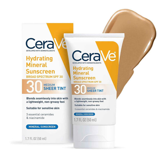 CeraVe Hydrating Mineral Sunscreen SPF 30 with Sheer Tint, Tinted Mineral Sunscreen with Zinc Oxide & Titanium Dioxide, Blends Seamlessly For Healthy Glow