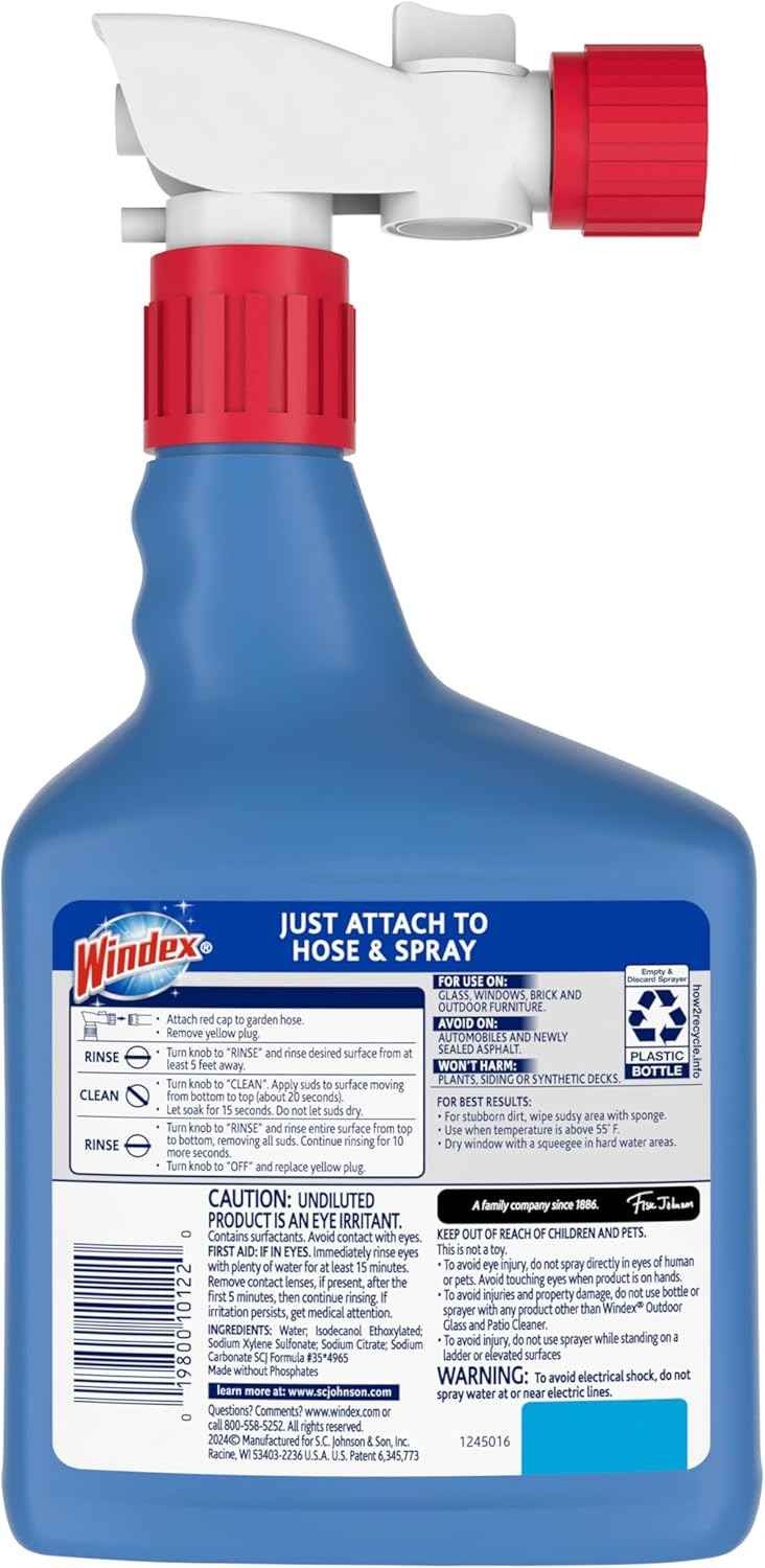 Windex Outdoor Window and Glass Cleaner for Hose Ammonia Free, Concentrated Formula for Deep Outdoor Clean, Patio Cleaner, Compatible With All Hoses, 32 Fl Oz