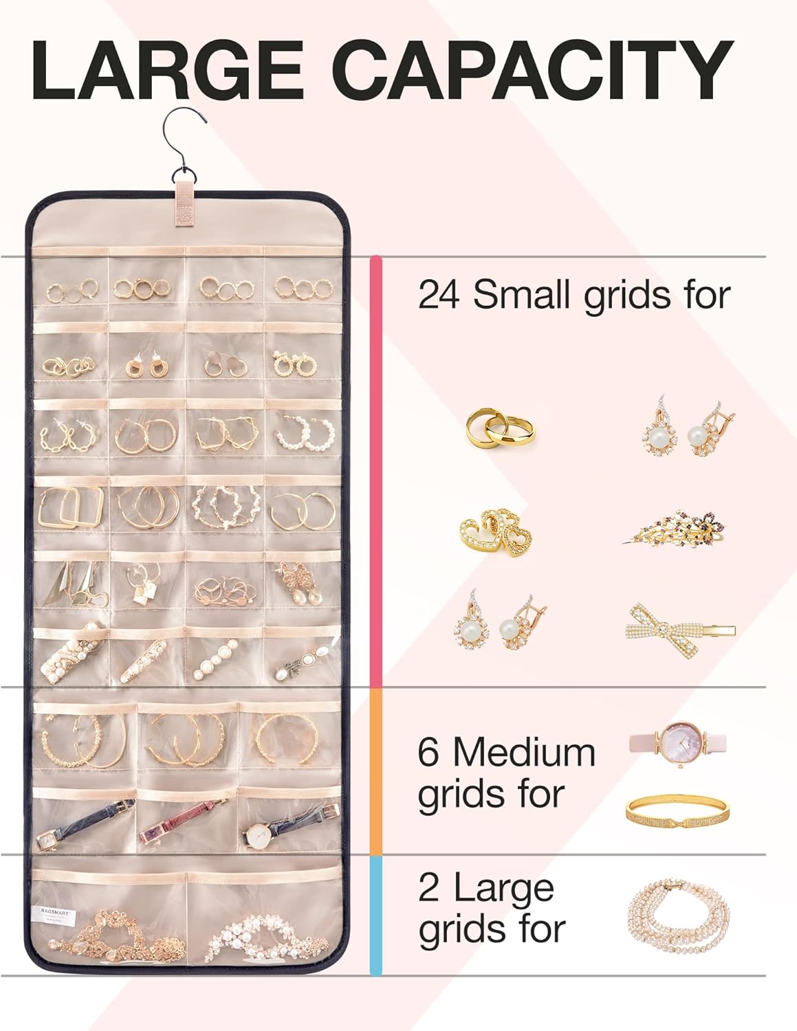 BAGSMART_Hanging_Jewelry_Organizer_Storage_Roll_with_Hanger_Metal_Hooks_Double-Sided_Jewelry_Holder_for_Earrings,_Necklaces,_Rings_on_Closet,_Wall,_Door,_1_piece,_Large,_Black