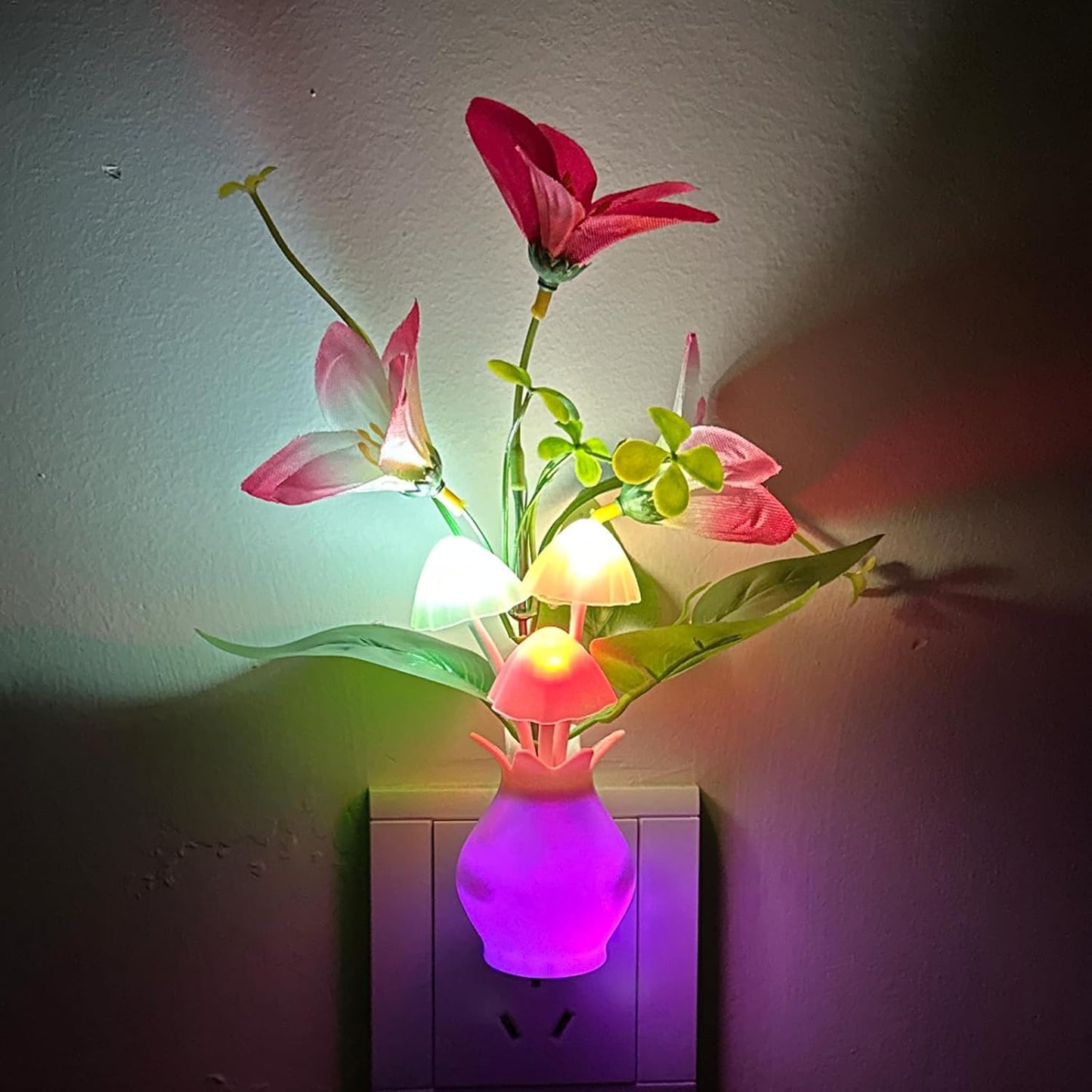 Plug-in_Night_Light_with_Auto_Light_Sensor,_RGB_LED_Mushroom_Night_Light_Wall_Based_Flower_Lamp_1W_Energy_Efficient_Nursery_Nightlight_for_Kids_Room,_Bedroom,_Nursery,_Lounge,_Hallway_and_Stairs