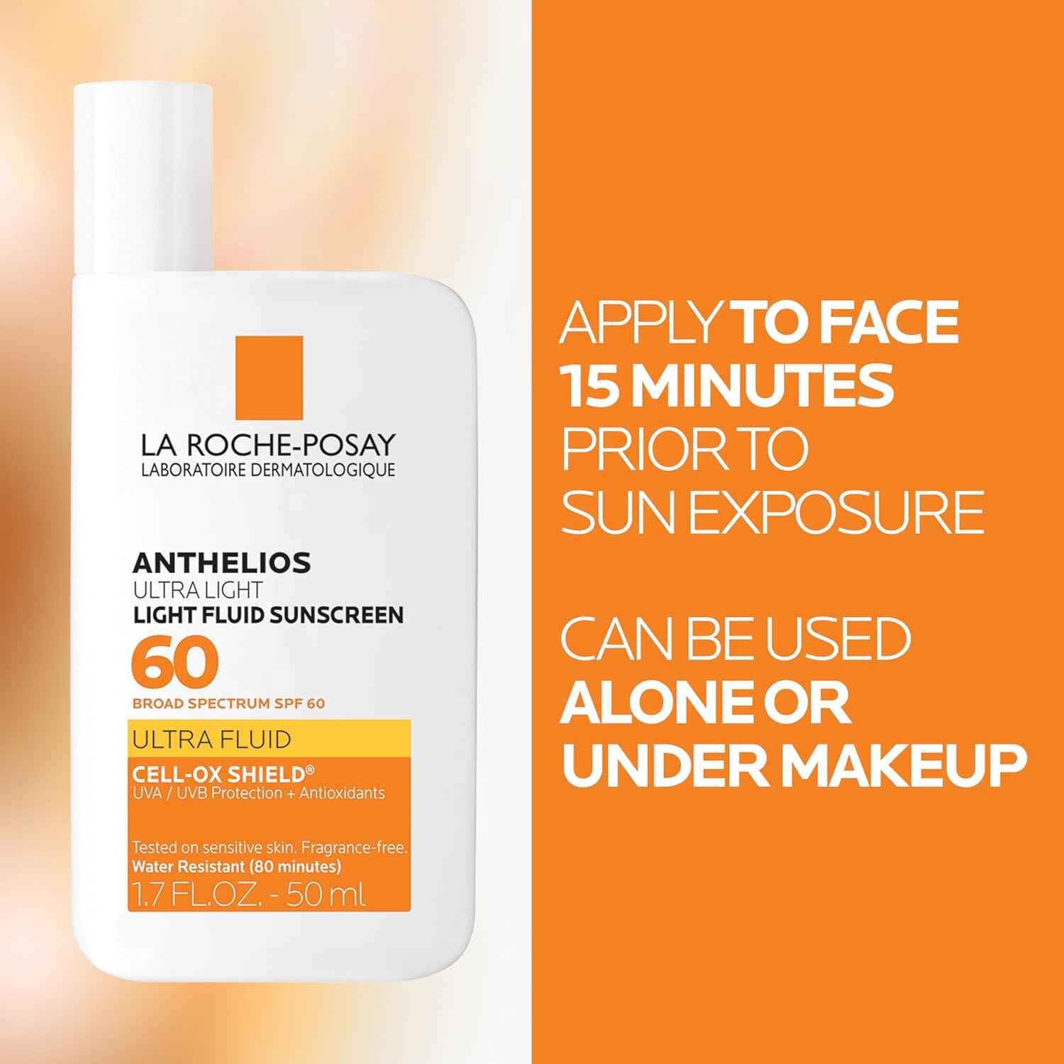 La Roche-Posay Anthelios Light Fluid Facial Sunscreen SPF 60, Lightweight Sunscreen For Face, Fluid Texture, Broad Spectrum SPF + Antioxidants, Oil Free & Oxybenzone Free, Travel Size 1.7 Fl. Oz.