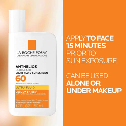 La Roche-Posay Anthelios Light Fluid Facial Sunscreen SPF 60, Lightweight Sunscreen For Face, Fluid Texture, Broad Spectrum SPF + Antioxidants, Oil Free & Oxybenzone Free, Travel Size 1.7 Fl. Oz.