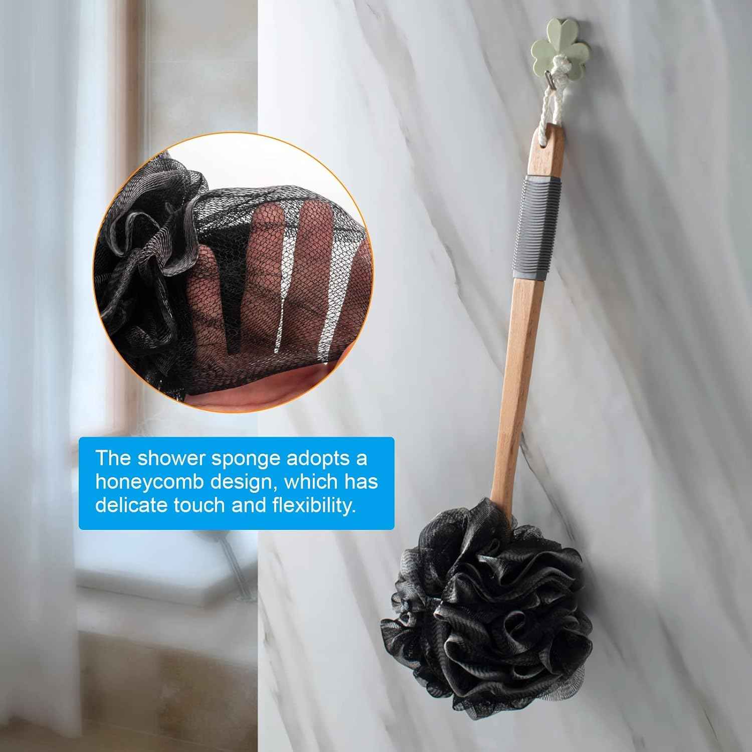 AmazerBath Shower Sponge Loofah Back Scrubber, PE Soft Mesh Loofah Body Scrubber with Long Wooden Handle, Bath Sponge for Men Women