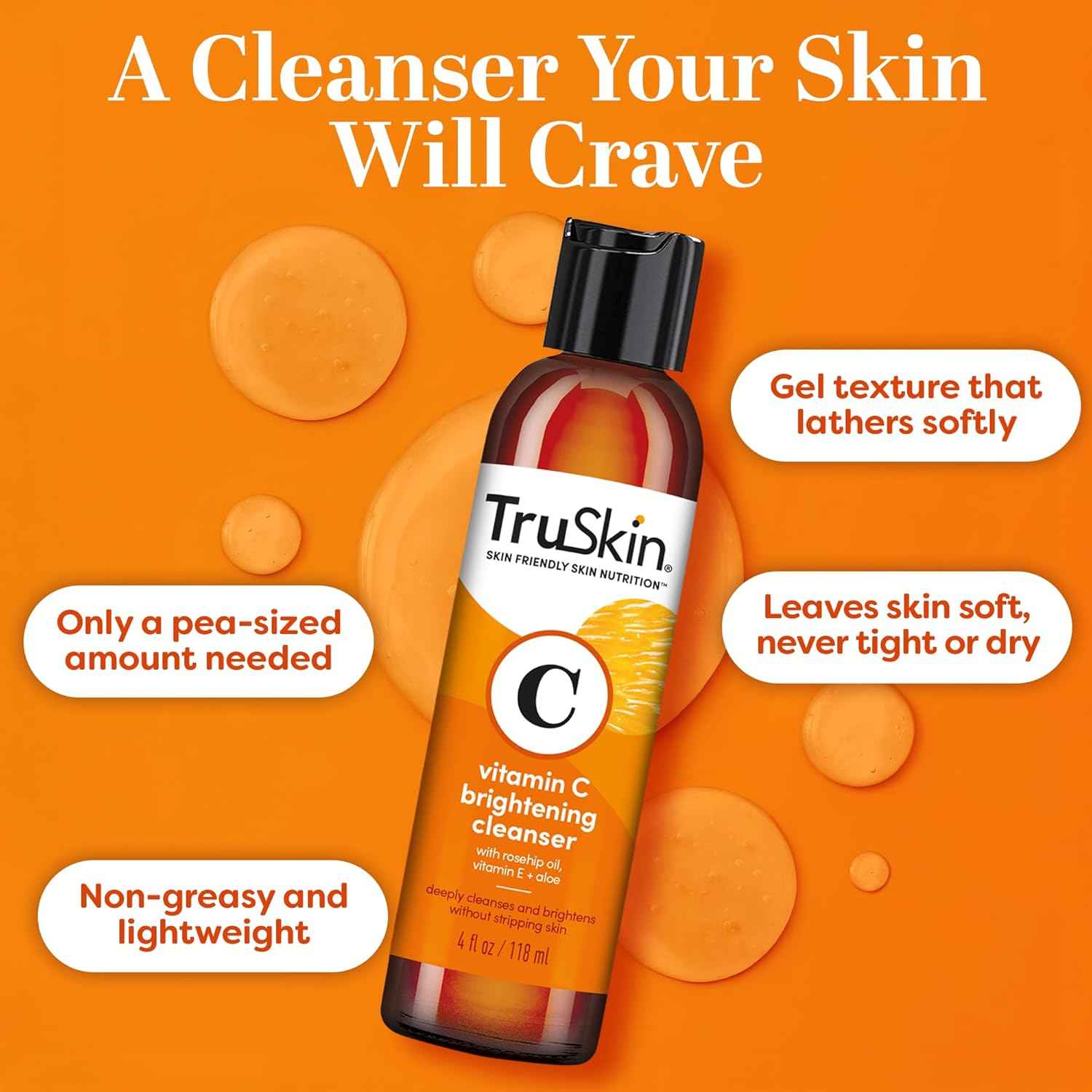 TruSkin Vitamin C Face Wash Cleanser - Brightening Facial Cleanser with Vitamins C & E, Rosehip Oil, Aloe Vera & MSM - Gently Cleanses, Refreshes & Supports Radiant Skin