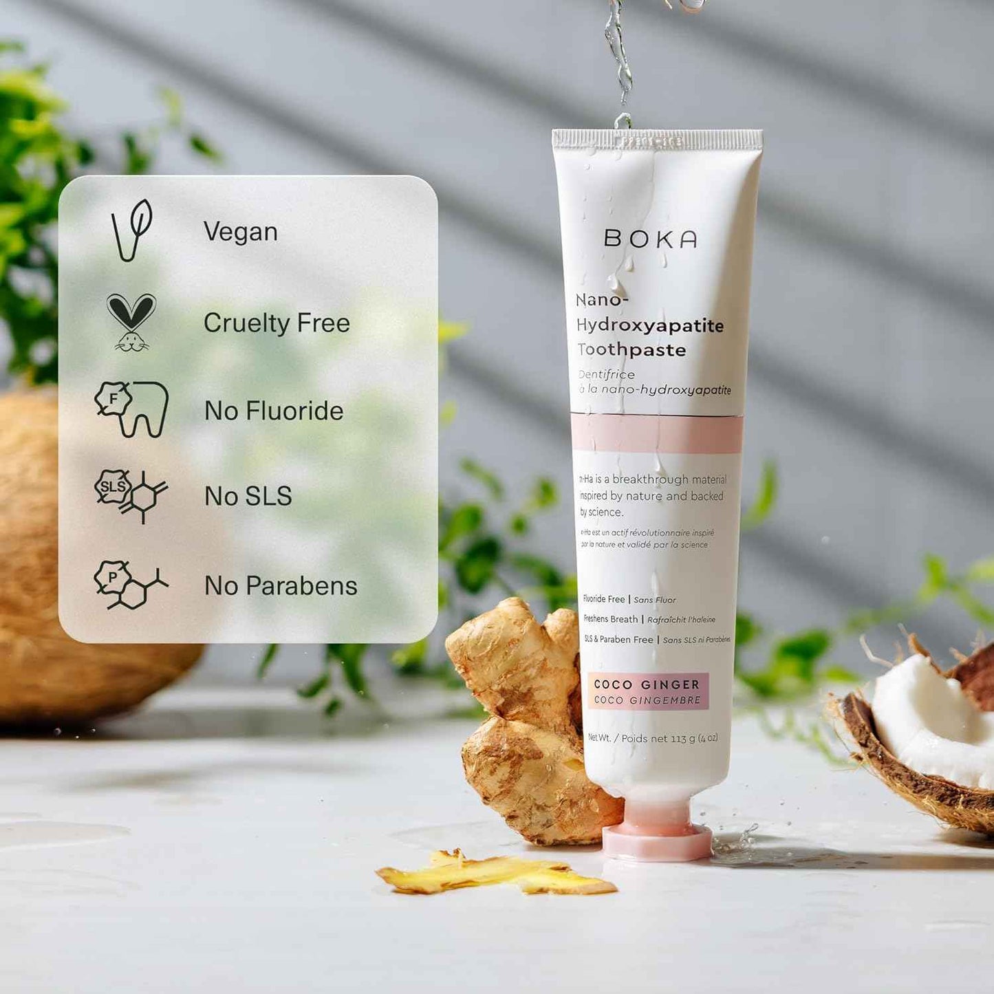 Boka Fluoride Free Toothpaste, Nano Hydroxyapatite Toothpaste, Appropriate for Sensitive Teeth - for Adult Oral Care - Coco Ginger Flavor, 4 Fl Oz 1Pk