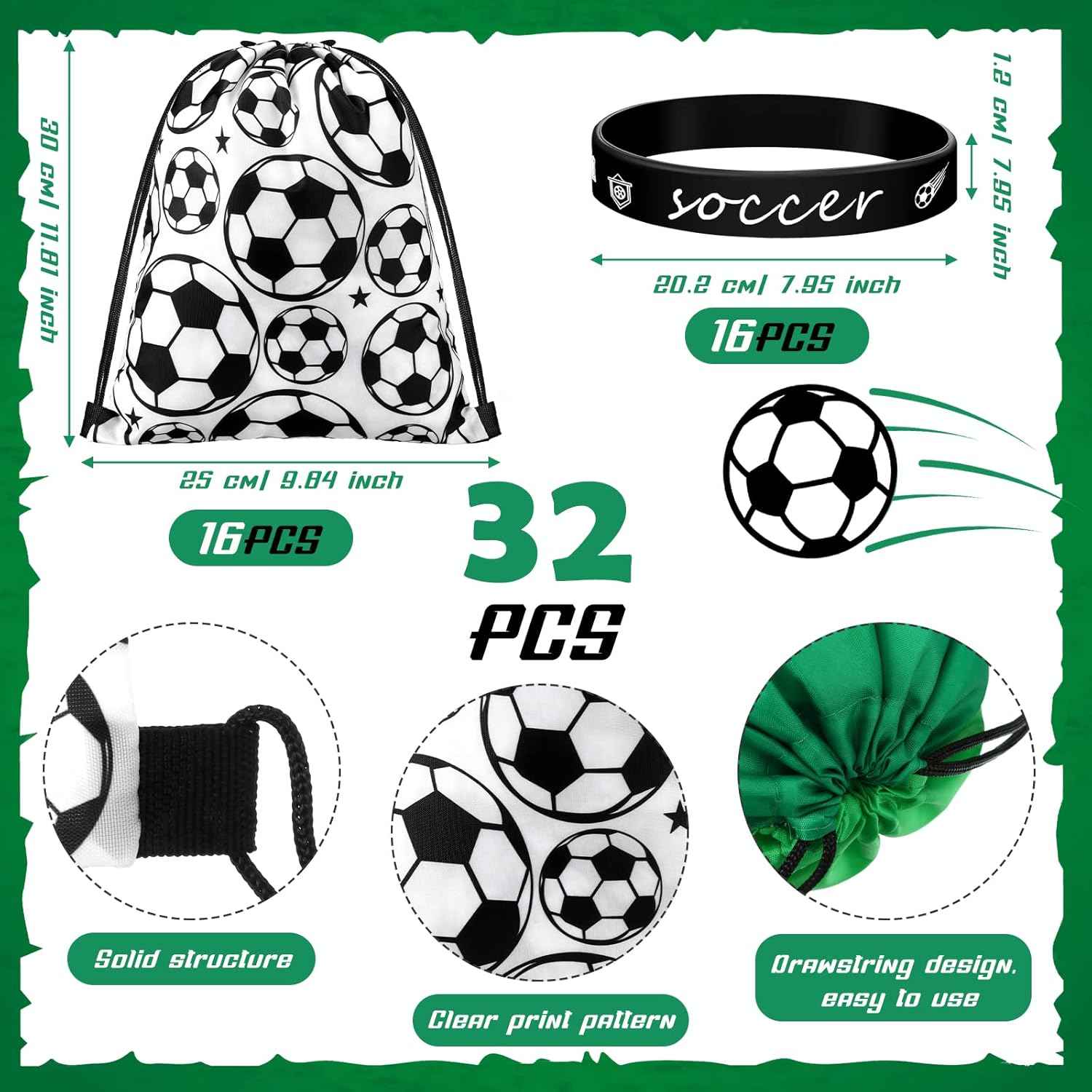 Sadnyy 32 Pcs Soccer Party Favors Set Include 16 Drawstring Goodie Bags 16 Silicone Bracelets Wristband Snack Treat Candy Bags for Birthday Party Team Gift Stuffers Supplies