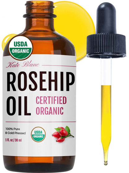 Kate Blanc Cosmetics Rosehip Seed Oil for Face, 100% Pure Organic | Cold Pressed Unrefined Rose Hip Facial Oil for Skin, Hair & Gua Sha Massage (1oz)