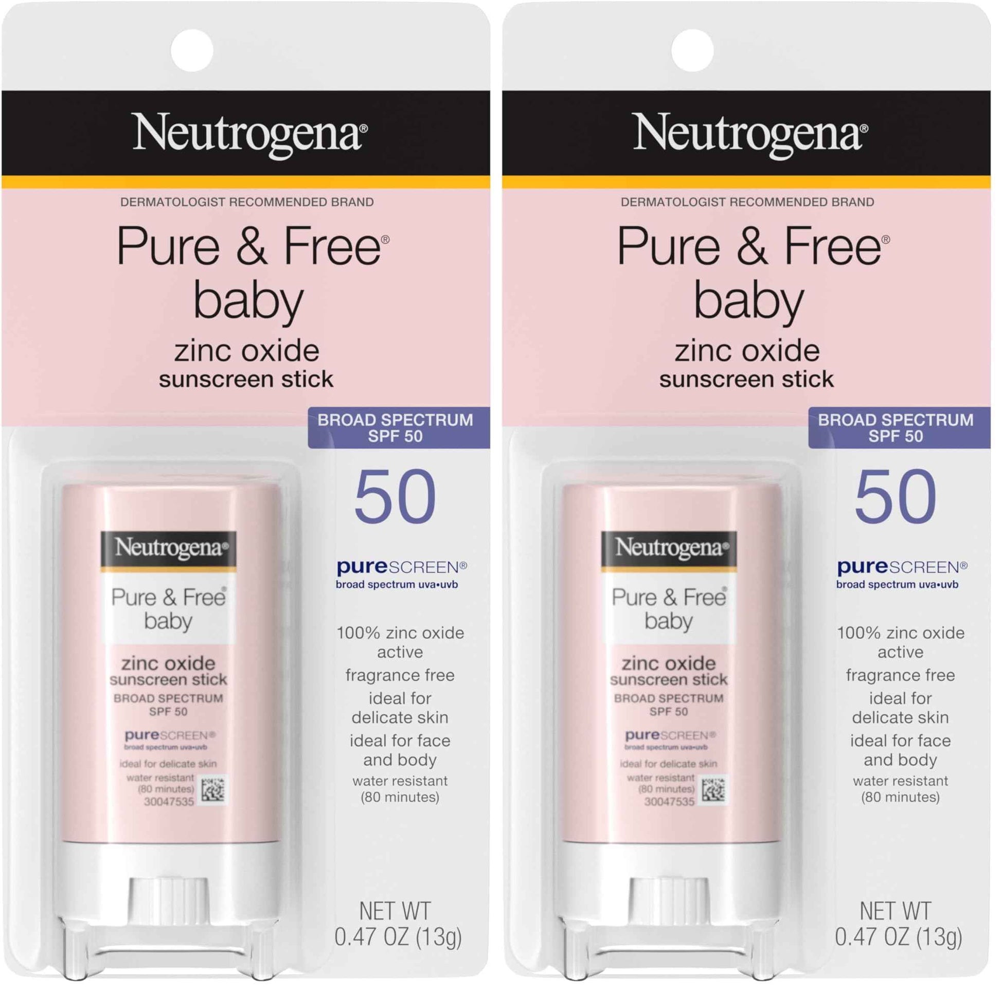 Neutrogena Pure & Free Baby Mineral Sunscreen Stick with Broad Spectrum SPF 50 & Zinc Oxide, Water-Resistant, Hypoallergenic, Paraben-, Dye- & PABA-Free Baby Face & Body Sunscreen, 0.47 oz
