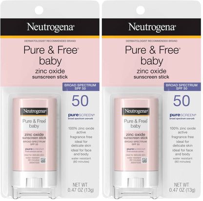 Neutrogena Pure & Free Baby Mineral Sunscreen Stick with Broad Spectrum SPF 50 & Zinc Oxide, Water-Resistant, Hypoallergenic, Paraben-, Dye- & PABA-Free Baby Face & Body Sunscreen, 0.47 oz