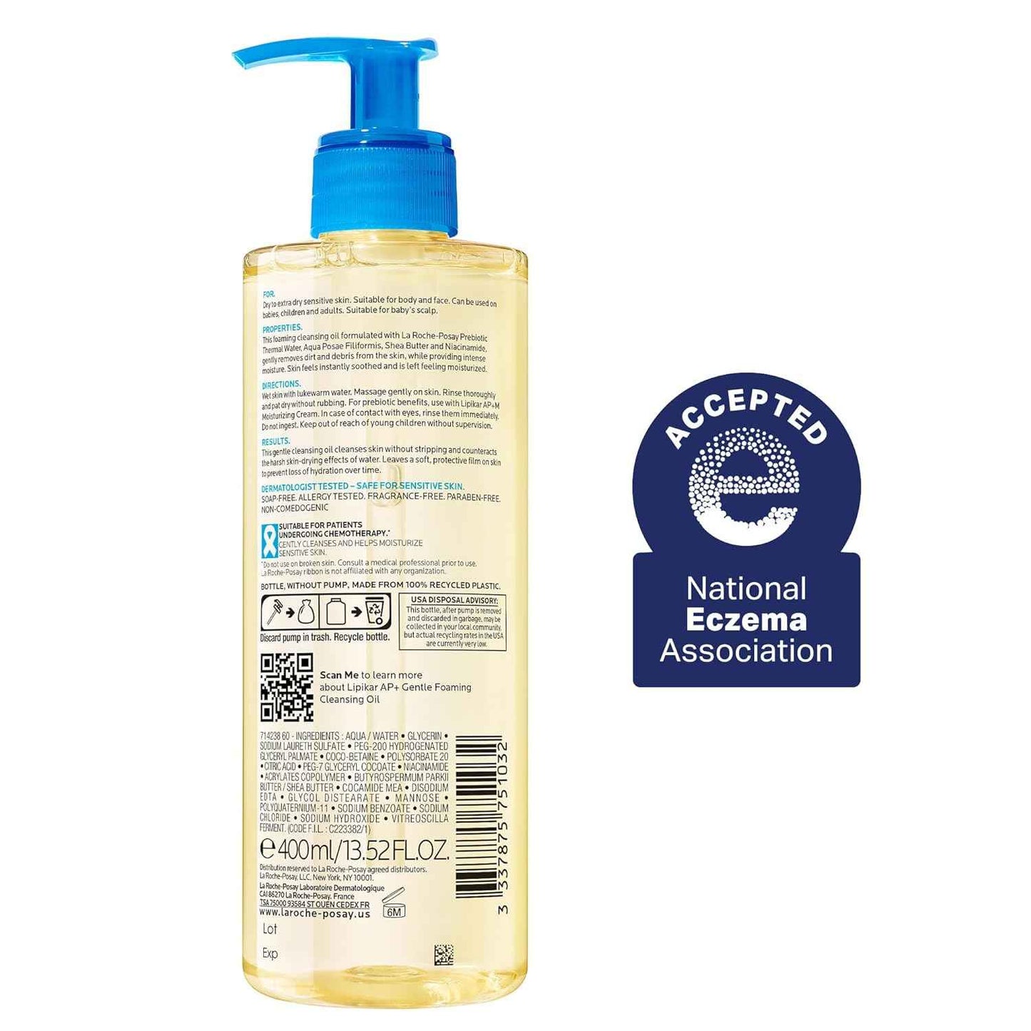 La Roche-Posay Lipikar AP+ Gentle Foaming Cleansing Oil, Gentle Oil Cleanser for Face and Body Formulated with Niacinamide, Long-Lasting 24-hour Hydration, Fragrance-Free & Soap Free