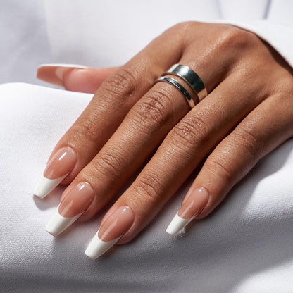 BTArtbox French Tip Press On Nails - Press On Nail Medium Coffin, Glue On Nails for Gifts, Natural Reusable Stick On Nails in 15 Sizes - 30 Fake Nails Kit