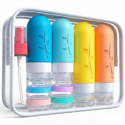 DEPOZA Travel Bottles Kit (16 Pack) - TSA Approved, Leak Proof Silicone Squeezable Containers for Toiletries. Complete Set with Jars, Sprayers &amp;amp; Bag (White)