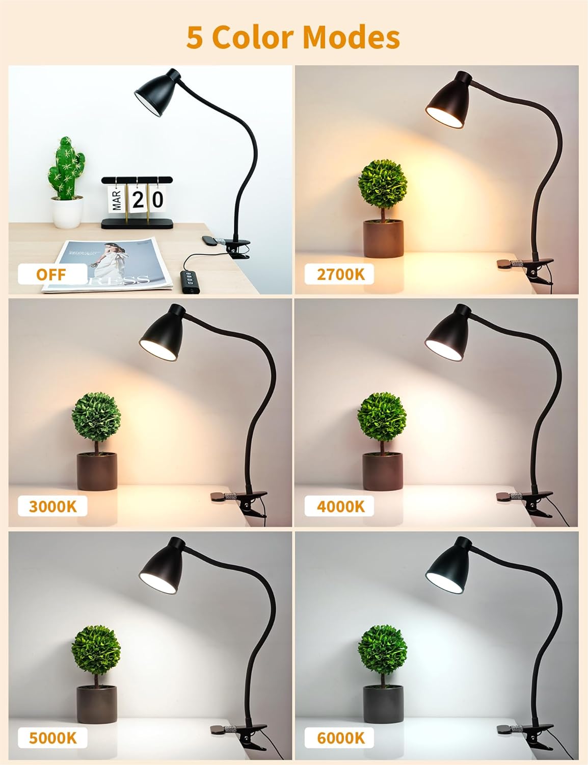 BOHON_Desk_Lamp_5_Color_Modes_10_Brightness_Dimmer_Reading_Light_10W_38_LED_Clamp_Lamp_with_Auto_Off_Timer_360°_Flexible_Neck_Clip_on_Light_for_Bed_Bedside,_AC_Adapter_Include