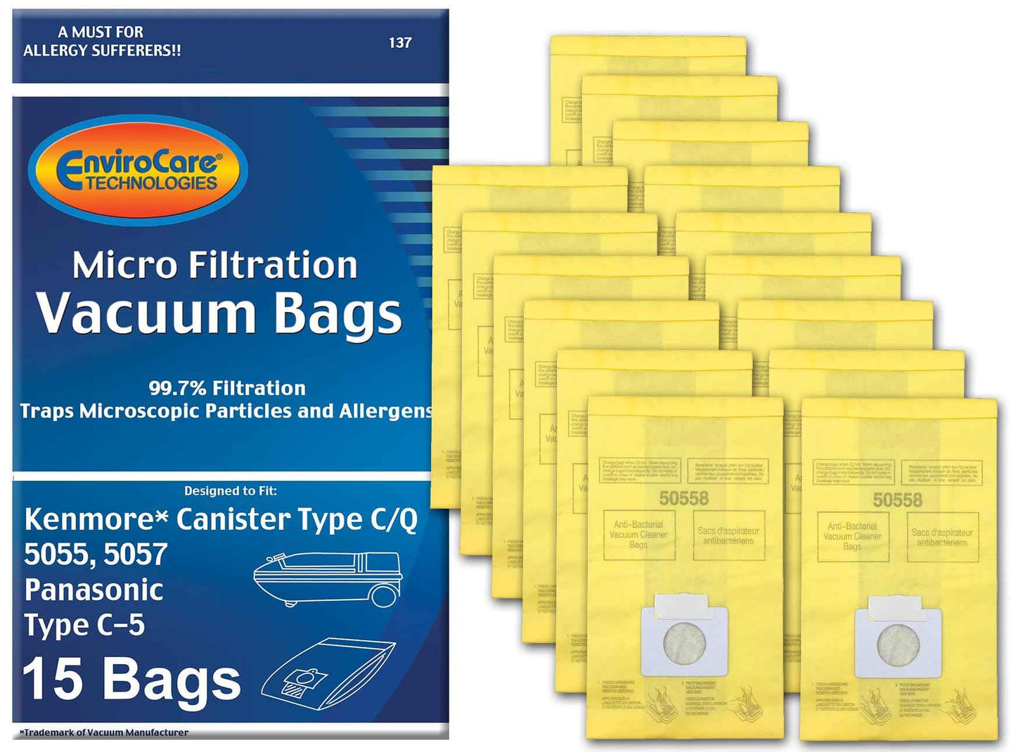 Envirocare Replacement Vacuum Bags Compatible with Kenmore Canister Type C/Q. 5055, 50557 and 50558 Panasonic Type C-5 Vacuums,15 pack