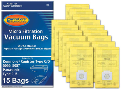 Envirocare Replacement Vacuum Bags Compatible with Kenmore Canister Type C/Q. 5055, 50557 and 50558 Panasonic Type C-5 Vacuums,15 pack