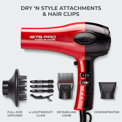 KISS_1875_Watt_Pro_Tourmaline_Ceramic_Hair_Dryer,_Styling_Edition,_3_Heat_Settings,_2_Speed_Settings,_Cool_Shot_Button,_7_Blow_Dryer_Accessories_Included,_2-Year_Warranty_-_Red