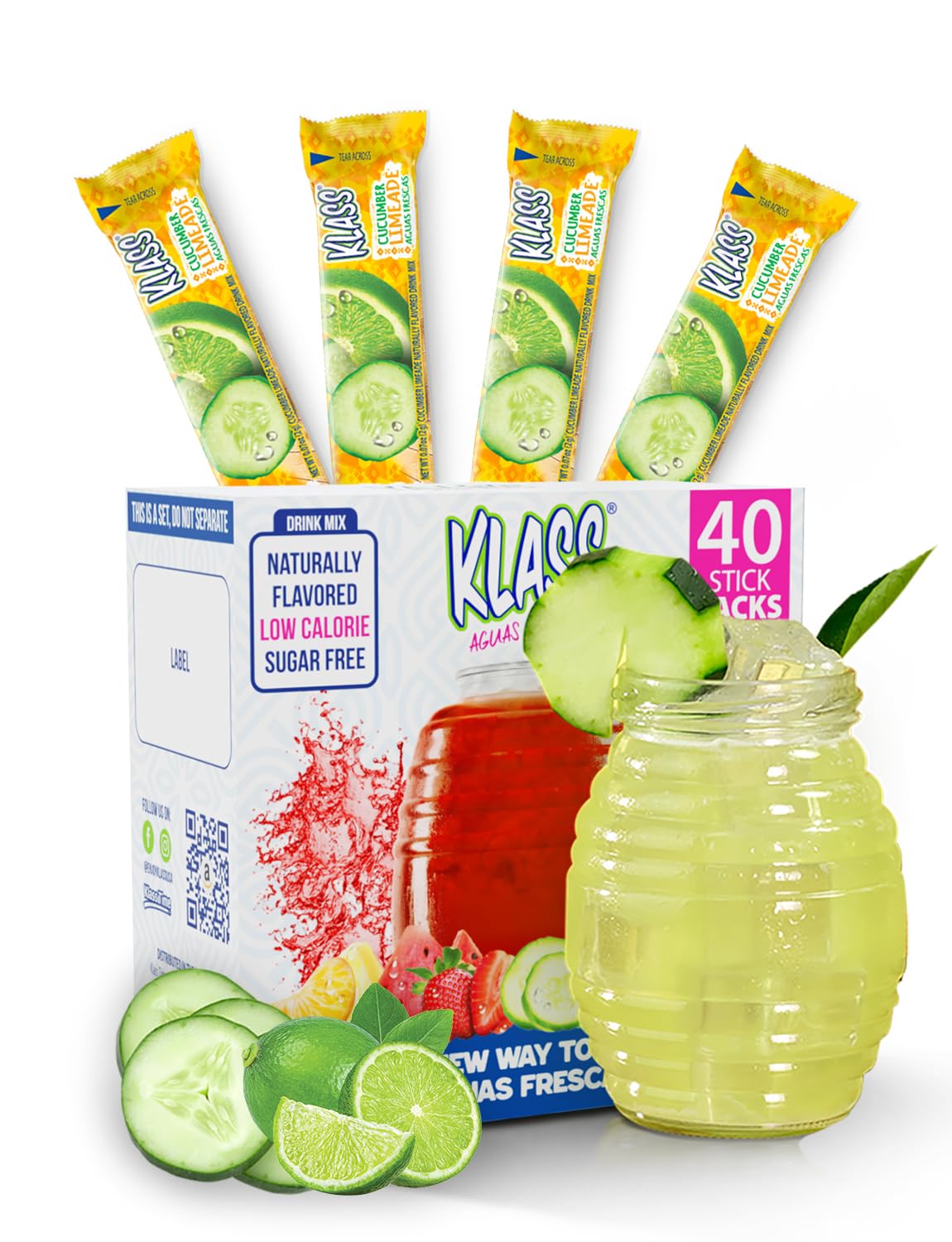 Klass Aguas Frescas, Powdered Drink Mix, 40 Singles Zero Sugar &amp;amp; Caffeine-Free Powder Packets, Water Drink Mix, Flavor: Cucumber Limeade - 5 Calories Per Packet &amp;amp; Natural Flavors