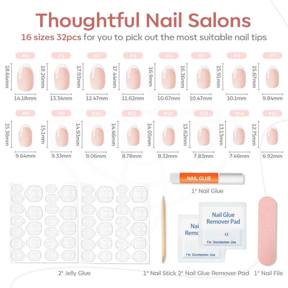 modelones French Tip Press On Nails, Short Oval Fake Nails Press Ons with Nail Glue, Adhesive Tabs, Nail File, Prep Pad, Manicure Stick, 32Pcs 16 Sizes, Nude, Spring Women Girl Gift