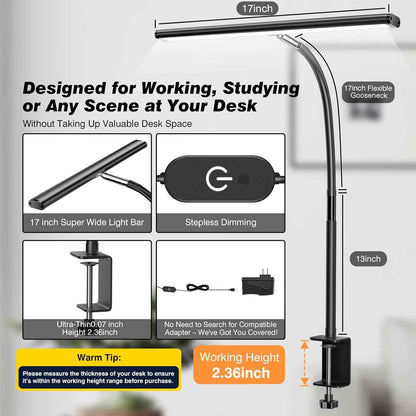 LED Desk Lamp for Office Home, Eye-Caring Desk Light with Stepless Dimming Adjustable Flexible Gooseneck, 10W USB Adapter Desk Lamp with Clamp for Reading, Study, Workbench (Black)