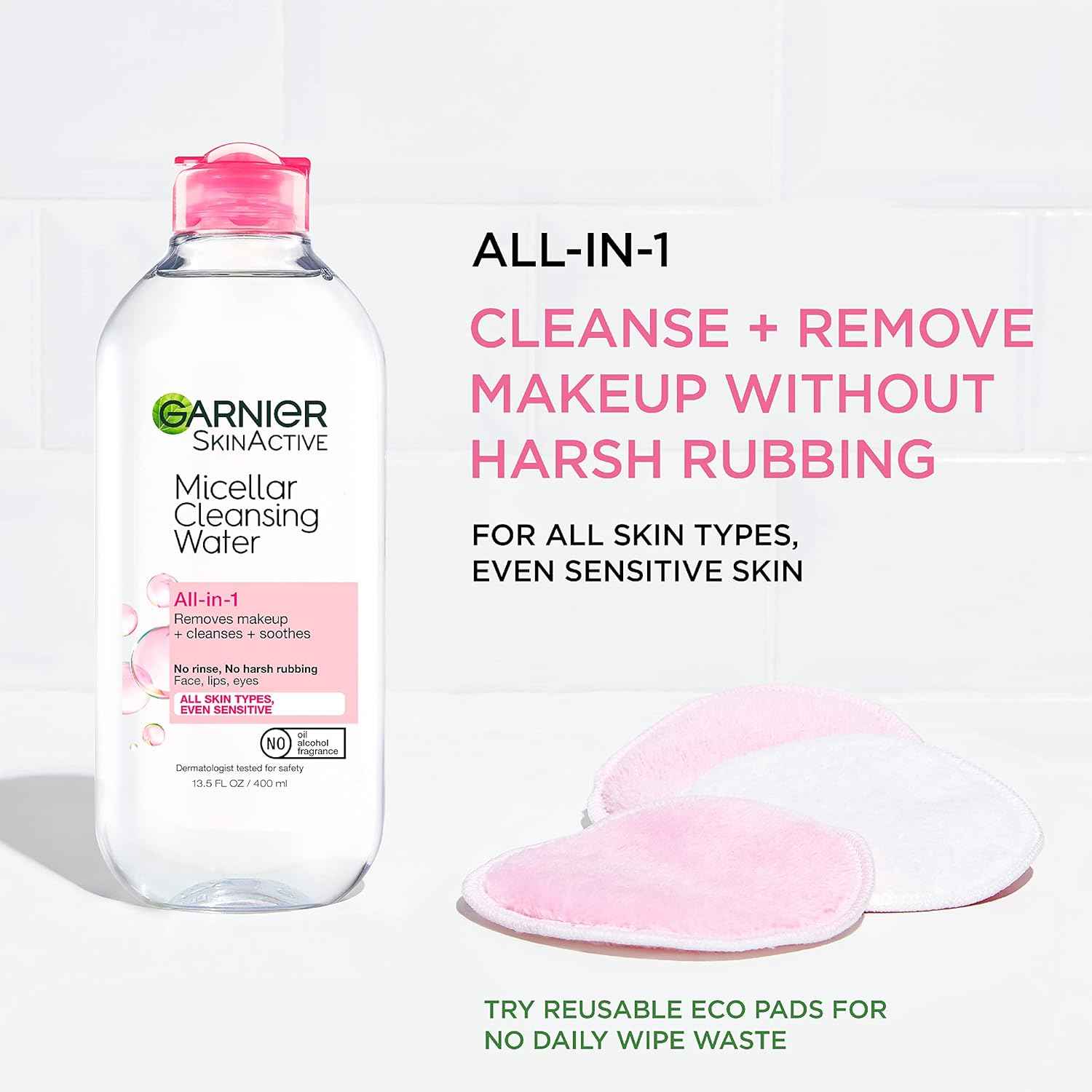 Garnier Micellar Cleansing Water, For All Skin Types, 13.5 fl oz + Micellar Cleansing Water, For Waterproof Makeup, 3.4 fl oz