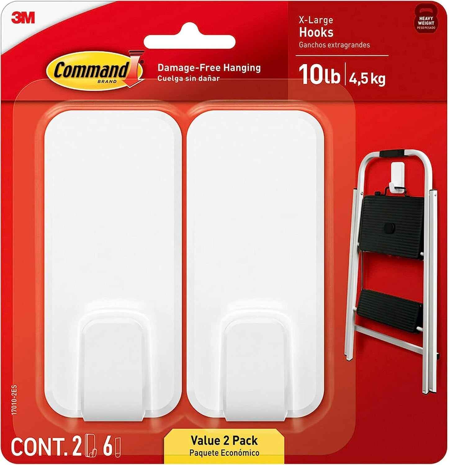 Command 10 lb XL Heavyweight Hook, 2 Wall Hooks and 6 Strips, Damage-Free Hanging with Adhesive, Heavy Duty Hanging Great for Organization and Storage