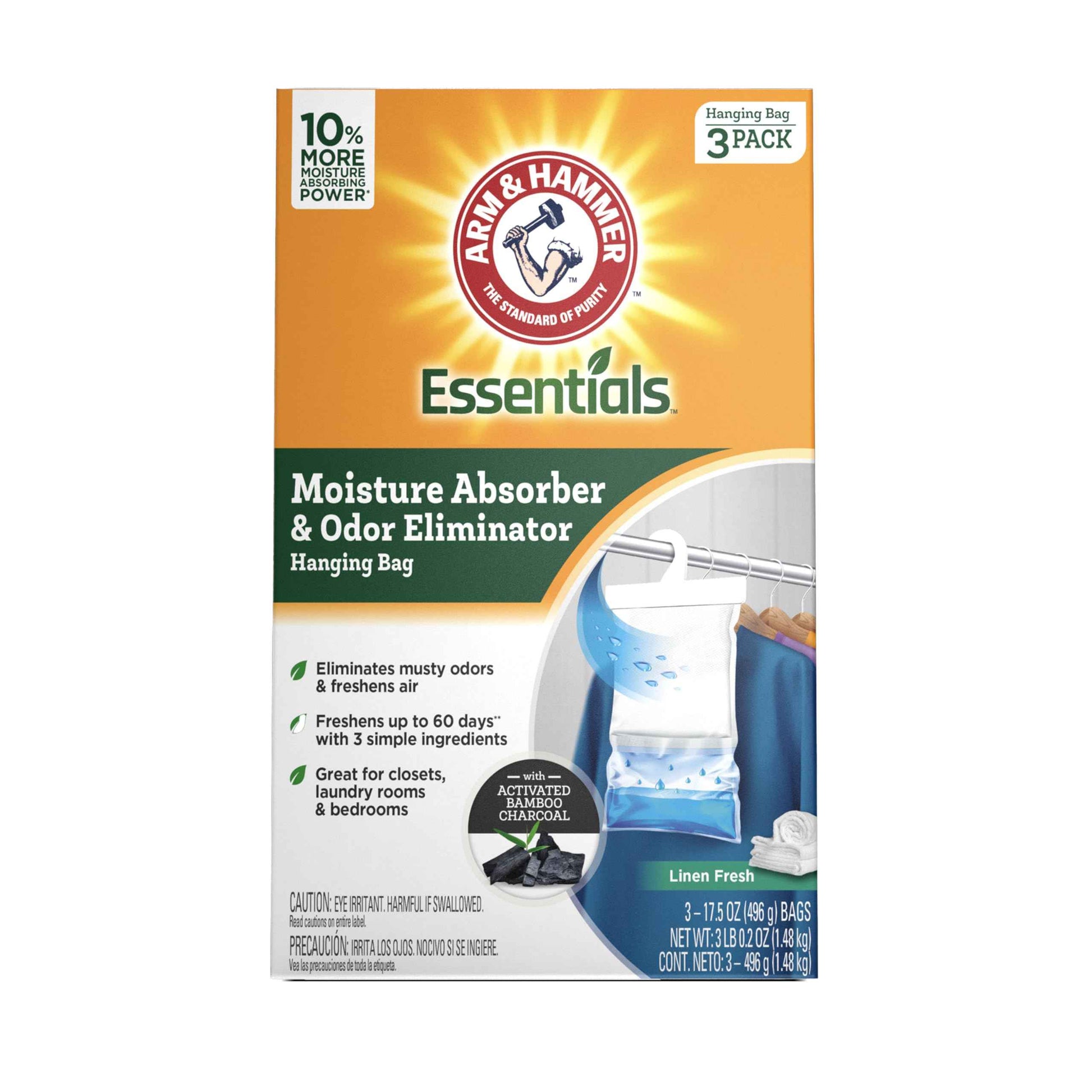 Arm & Hammer Essentials Hanging Moisture Absorber and Odor Eliminator, 17.5 oz., 3 Pack, Moisture Absorbers for Closets, Laundry Rooms and Bedrooms, Long-Lasting Freshness
