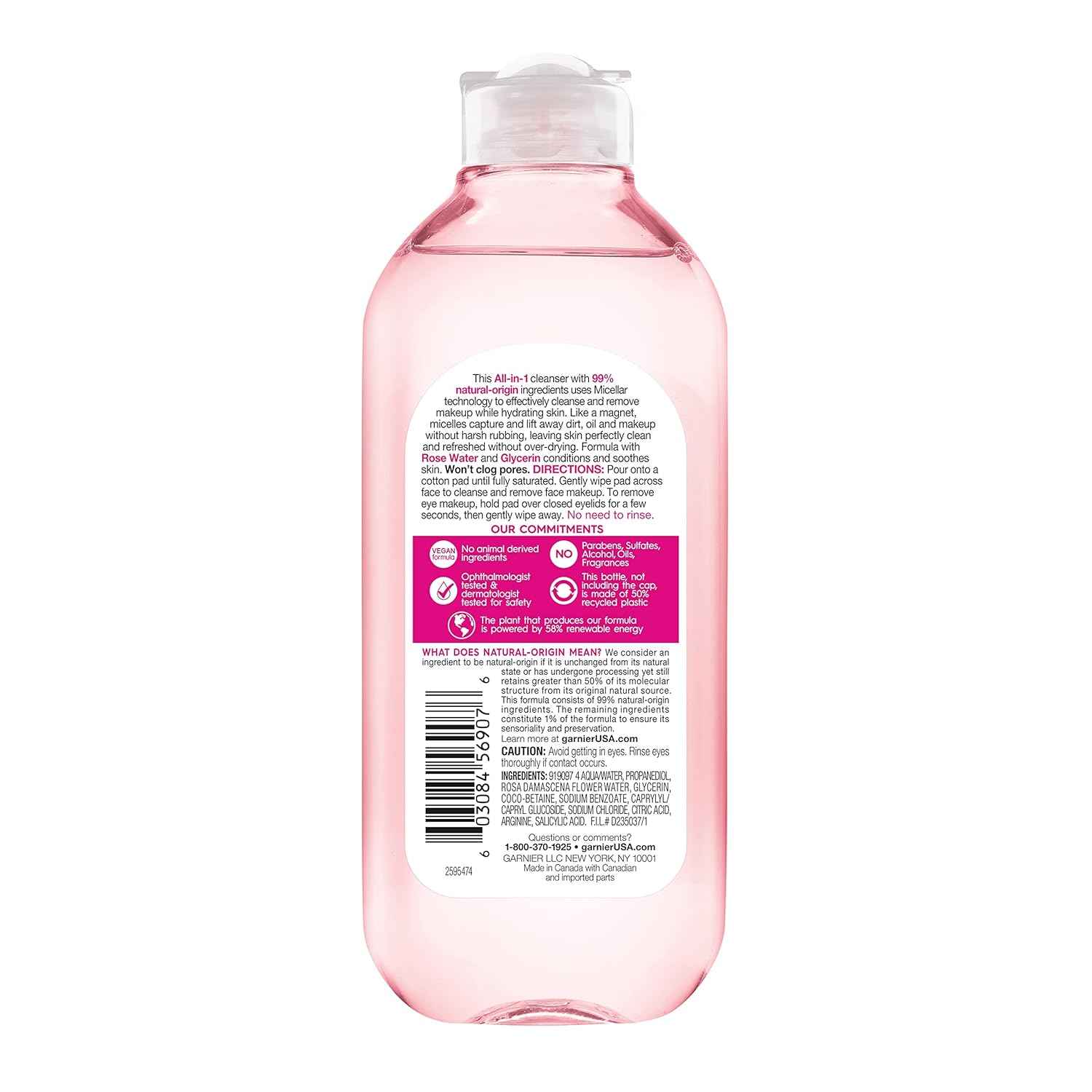 Garnier Micellar Water with Rose Water and Glycerin, Hydrating Facial Cleanser & Makeup Remover, For All Skin Types, Vegan, Cruelty Free